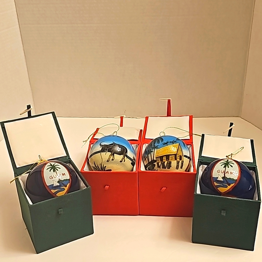Hand Painted Glass Christmas Ornament Guam‎ Seal/Hafa Adai (Set of 4)